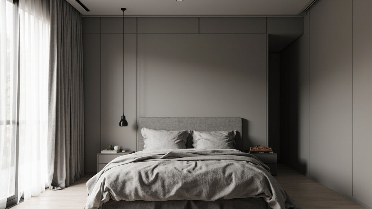 Illustrative concept design: bedroom in one warm grey with panelled walls, upholstered headboard, bedding and curtains in close greys