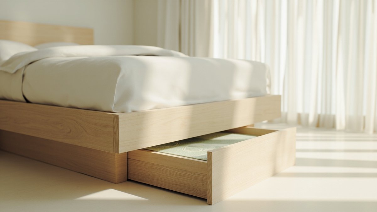 Illustrative concept design: light oak bed base with a drawer pulled out holding a folded green patterned prayer mat