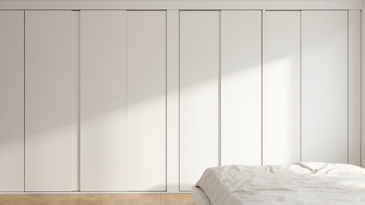 Illustrative concept design: wall of flush white handle-less wardrobe doors with thin gaps and a white bed in front