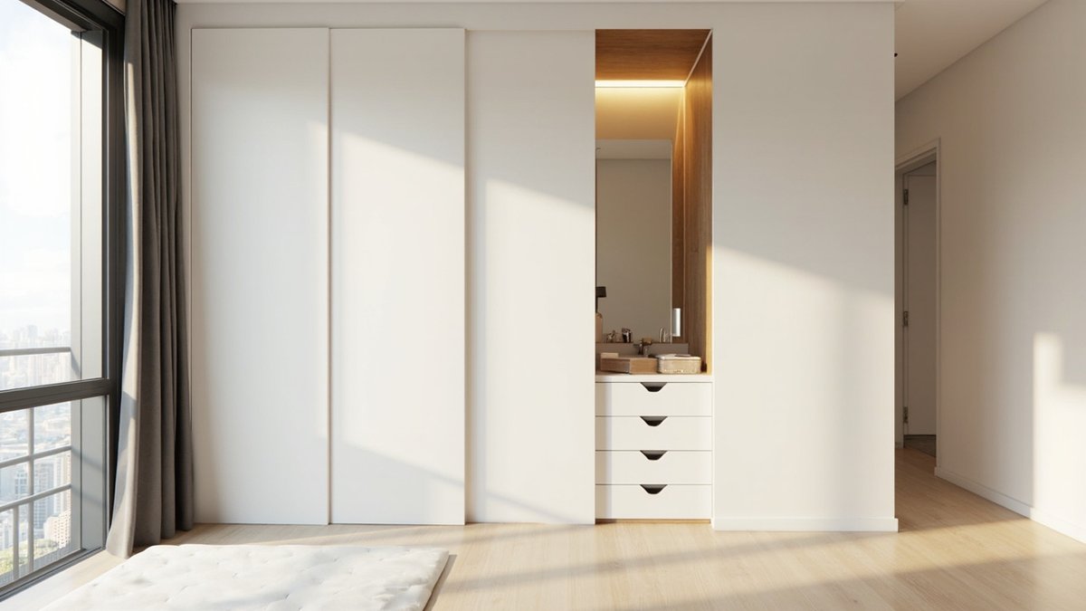 Illustrative concept design: white sliding panels with one bay open to a lit oak-lined dressing niche with a mirror and white drawers