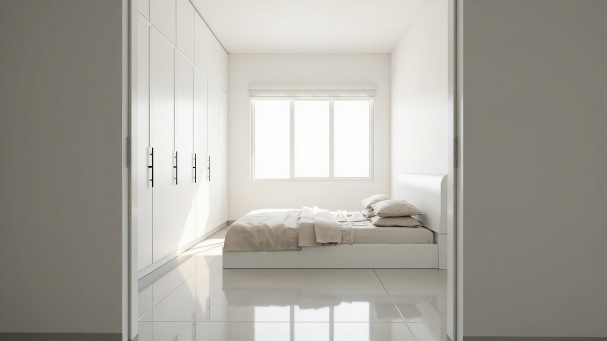 Illustrative concept design: long white wardrobe wall down one side of the room with a white bed and glossy white floor tiles