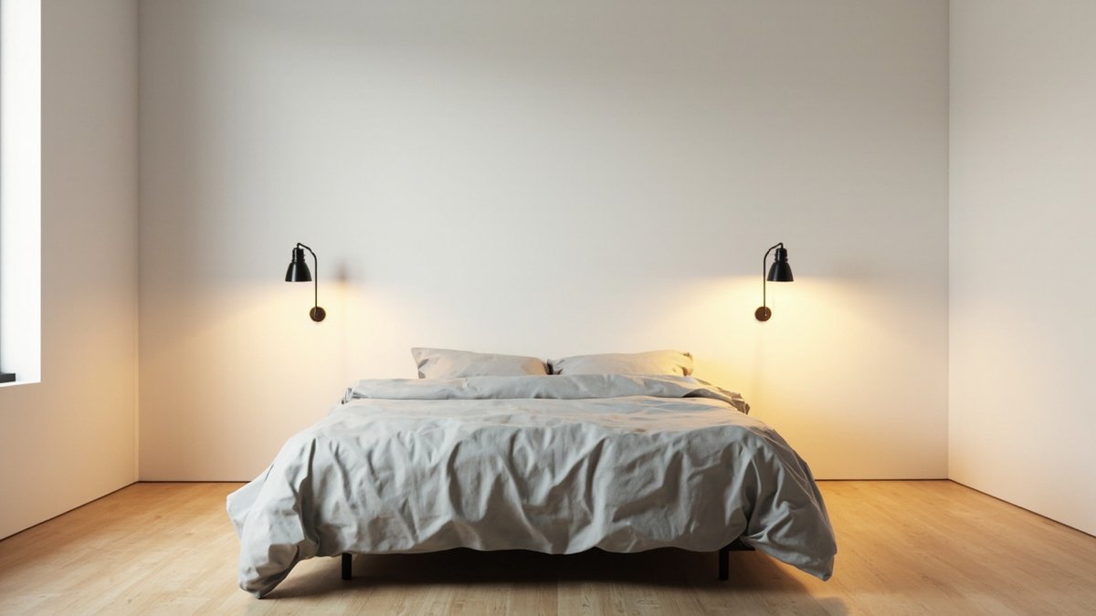 Illustrative concept design: two black swing-arm wall lamps either side of a bed with grey bedding and no bedside tables