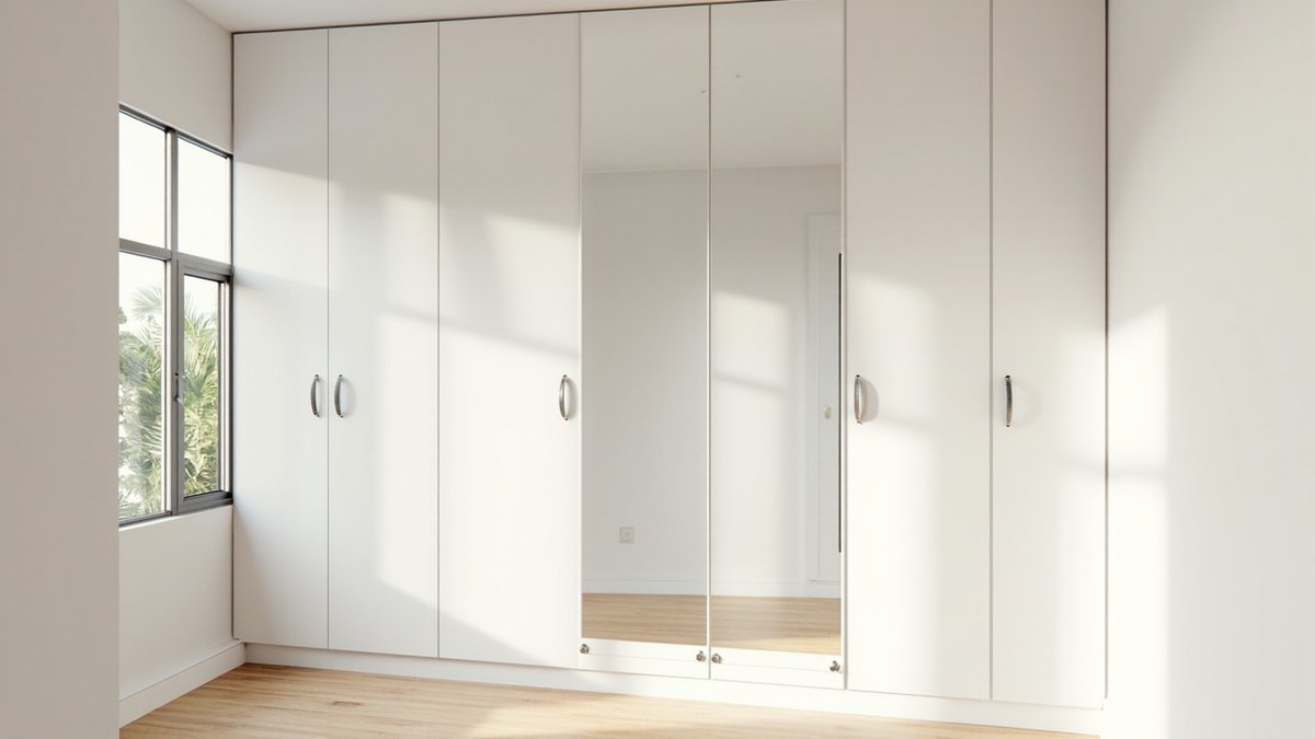 Illustrative concept design: white wardrobe wall with two full-length mirror doors in the middle reflecting the room