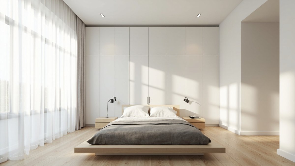 Illustrative concept design: minimalist bedroom with a low floating oak platform bed, grey throw and a white handle-less wardrobe wall reaching the ceiling