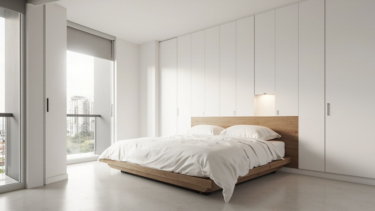 Ilustrasi konsep reka bentuk: bilik tidur utama minimalis dengan katil oak rendah bersandar pada panel kepala katil oak dalam dinding built-in putih