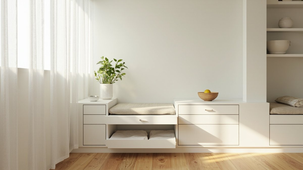 Illustrative concept design: built-in white dining bench with drawers under the seat, one open with folded linen, beside sheer curtains