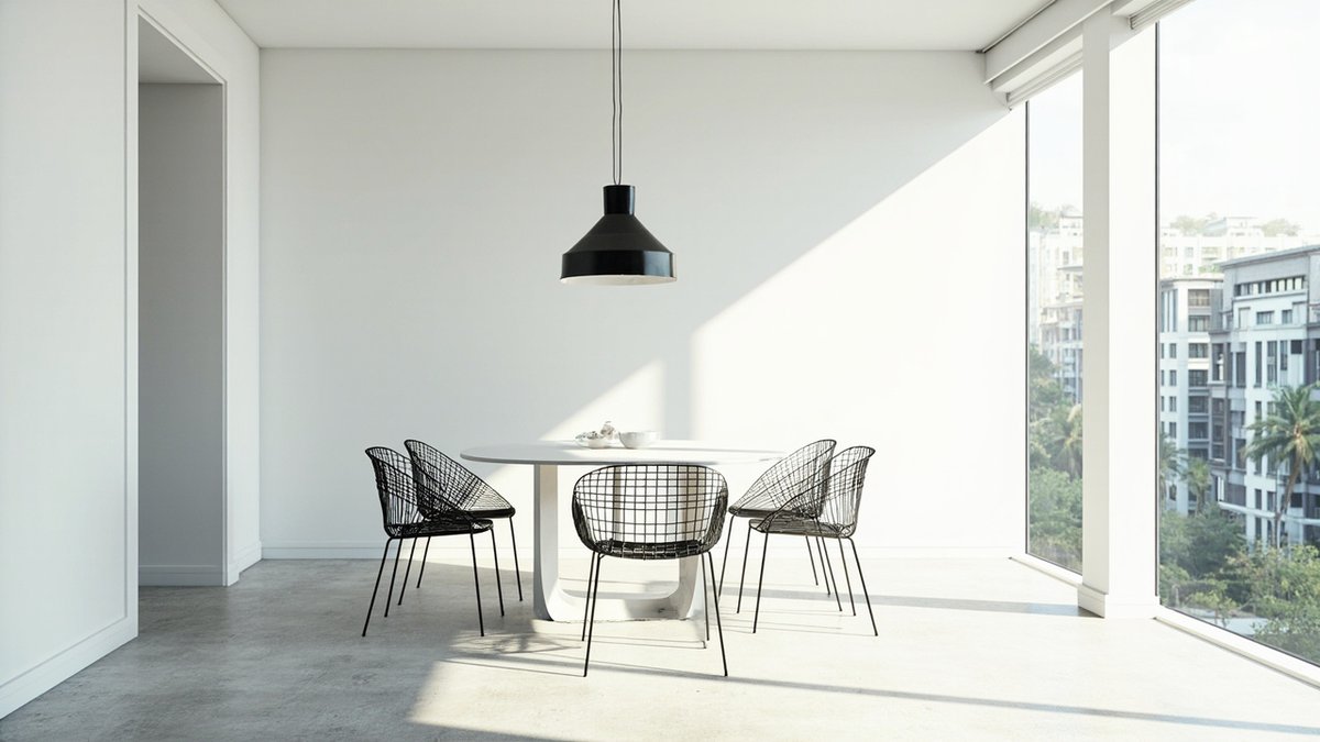 Illustrative concept design: white oval dining table with five black wire chairs under one matt black cone pendant in a plain white condo room