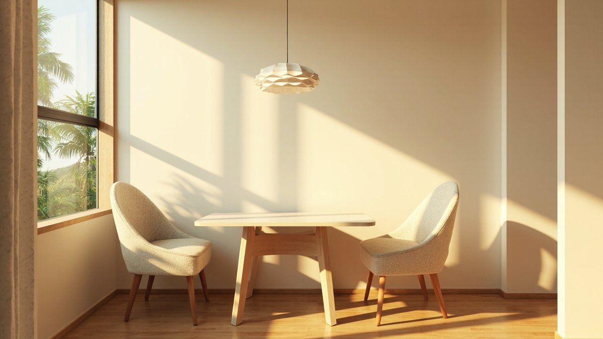 Illustrative concept design: pale wood dining table with two curved cream boucle chairs under a pleated paper pendant against a warm cream wall