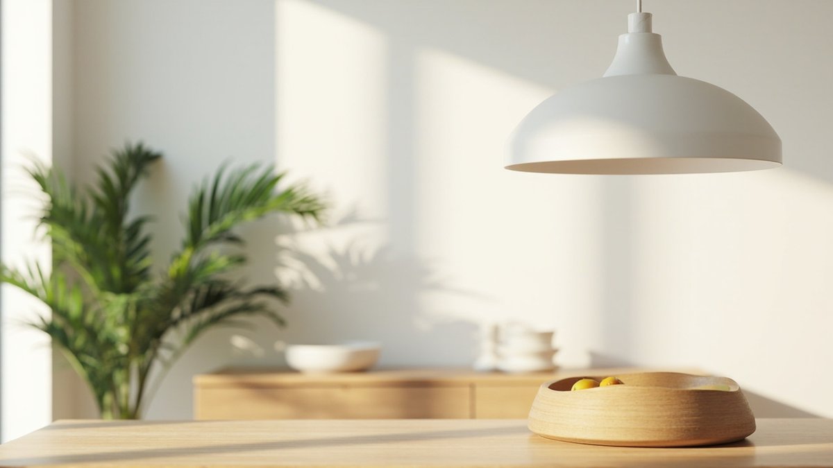 Illustrative concept design: matt white dome pendant hanging low over a light oak dining table with a woven fruit bowl