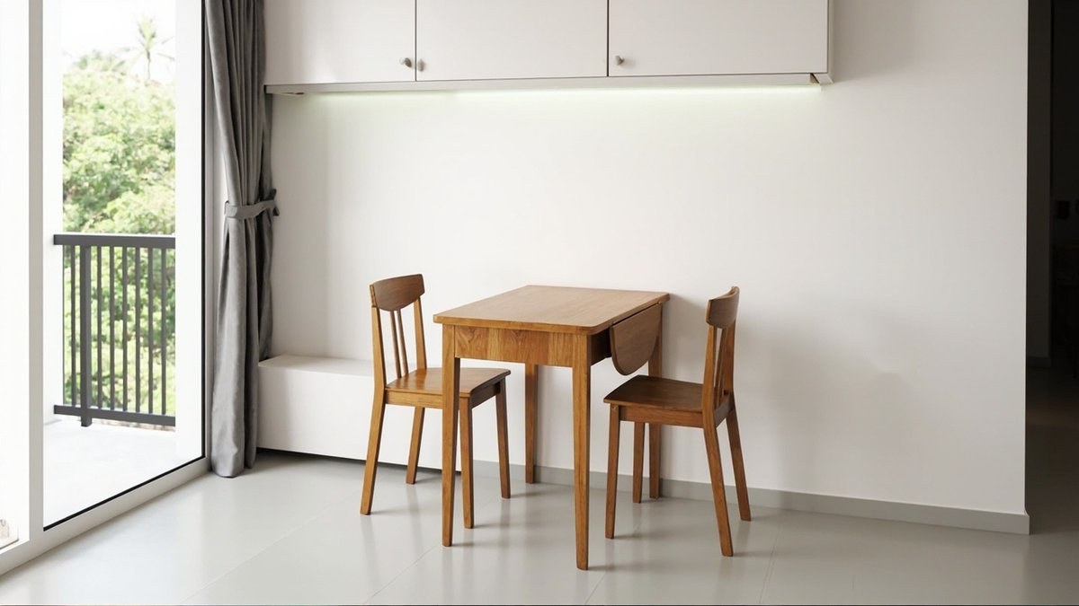 Illustrative concept design: small oak drop-leaf table with one leaf folded down and two slim oak chairs against a white wall in a compact condo