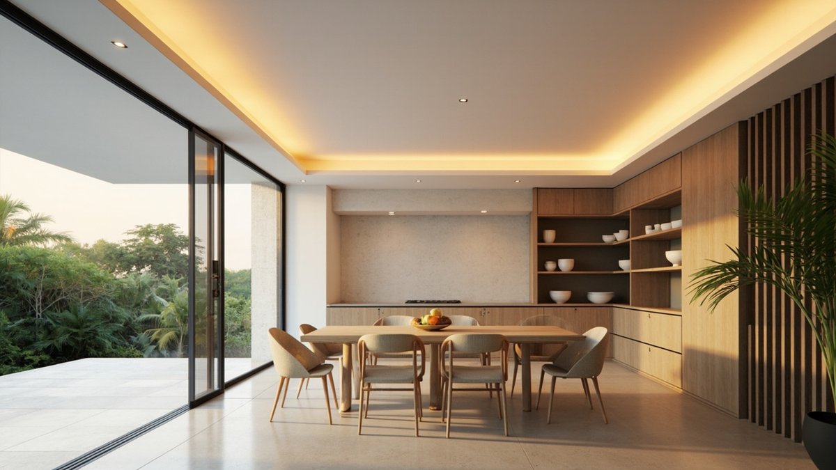 Illustrative concept design: open dining area with a pale oak table and shell chairs under a plaster ceiling with a warm hidden cove light around its edge