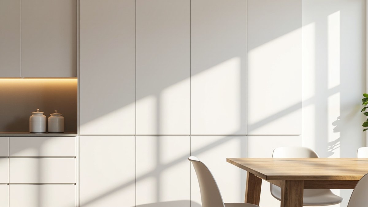 Illustrative concept design: floor-to-ceiling white handleless flush storage wall with one lit open niche beside an oak dining table