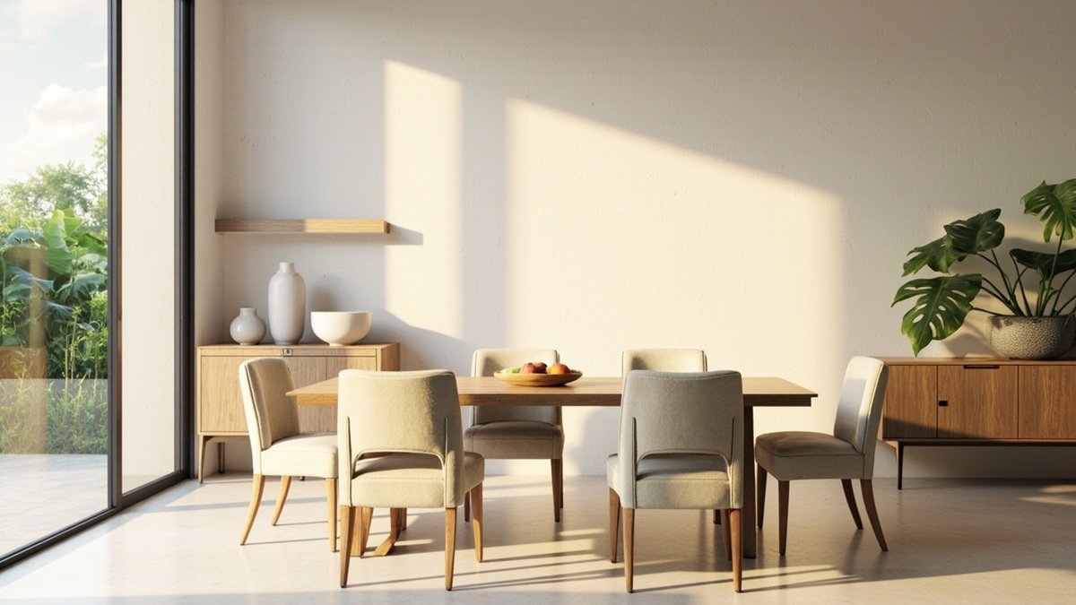 Illustrative concept design: oak dining table with cream fabric chairs in front of a softly textured warm off-white wall and a floating oak shelf