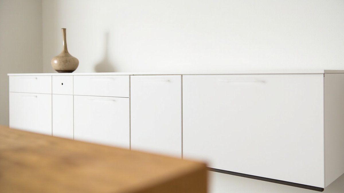 Illustrative concept design: long low wall-hung matte white sideboard with slim discreet pulls and one ceramic vase