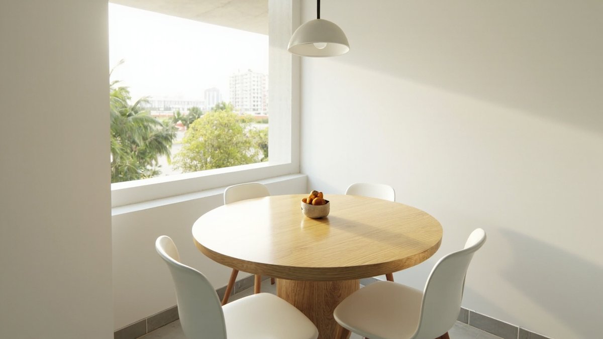 Illustrative concept design: round light oak pedestal dining table with four white moulded chairs under a white dome pendant in a bright condo corner