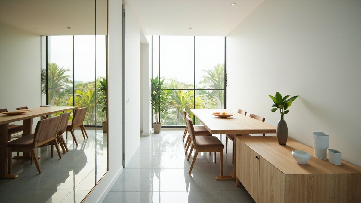 Illustrative concept design: narrow dining area with a light oak table, an oak sideboard and a frameless floor-to-ceiling mirror on one wall