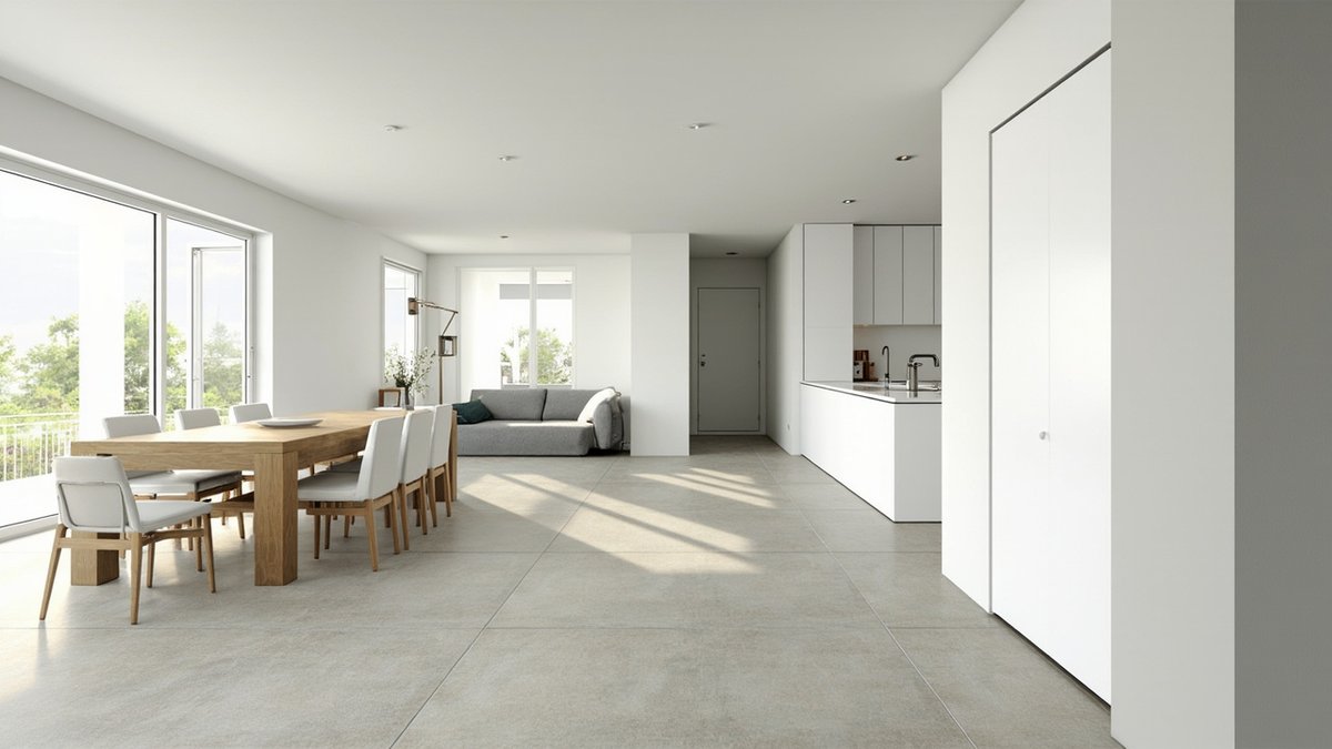 Illustrative concept design: open-plan terrace house ground floor with an oak dining table between the living area and a white dry kitchen