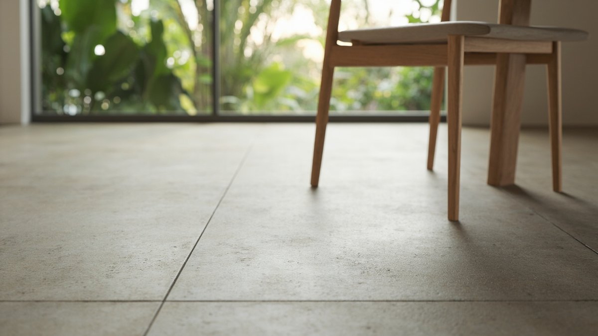 Illustrative concept design: large matte warm grey floor tiles with very thin joints under a light oak dining chair