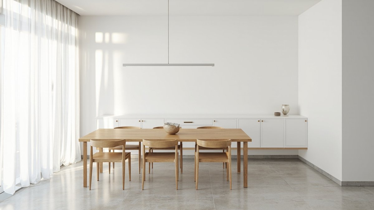 Illustrative concept design: minimalist condo dining area with a light oak table and six oak chairs under a slim linear pendant, a long low white sideboard behind