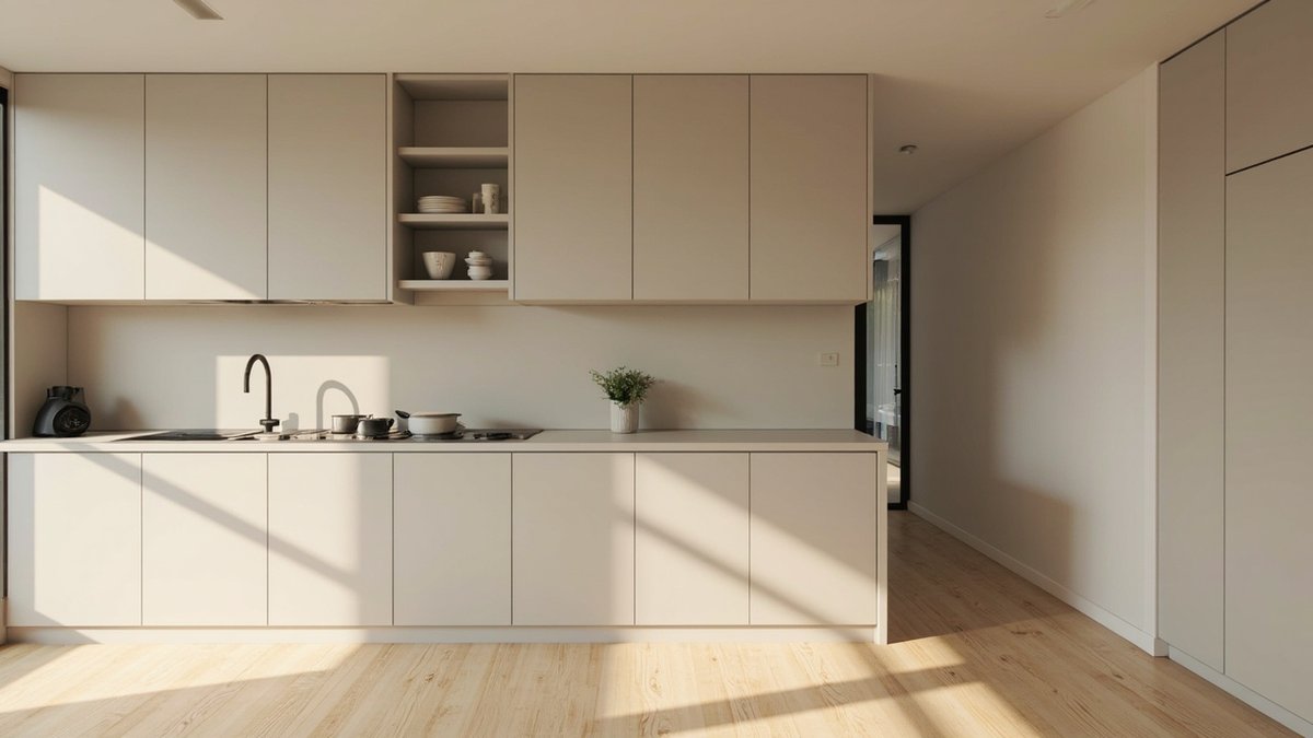 Ilustrasi konsep reka bentuk: dapur lurus greige dengan kabinet bawah dan dinding tanpa pemegang, panel belakang dan table top sepadan, paip hitam dan lantai rupa kayu oak cerah