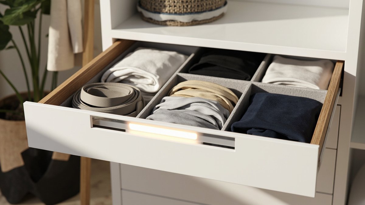 Illustrative concept design: pulled-out white wardrobe drawer with oak sides and grey felt dividers holding rolled belts and folded clothes