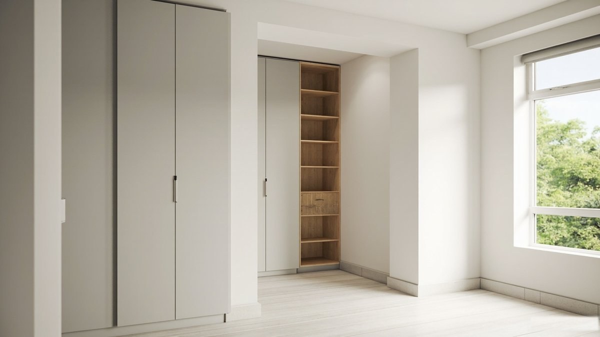 Illustrative concept design: light grey flat-door built-in wardrobes on a wall and in a recessed alcove, ending in a tall oak open shelf column
