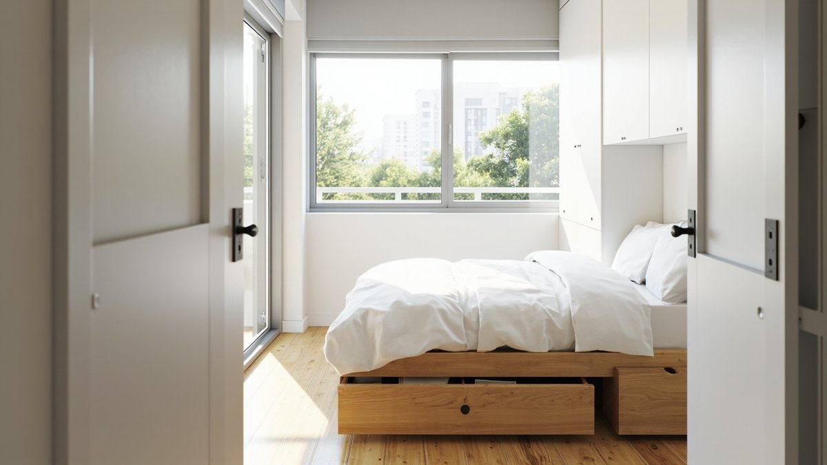 Illustrative concept design: light oak platform bed with wide base drawers beside a tall white flat-door wardrobe and overhead cabinets in a small bright bedroom