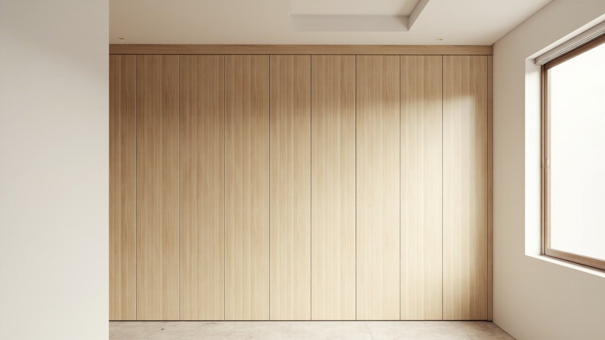 Illustrative concept design: light oak wood-grain built-in wardrobe with full-height flat doors and thin even joints in a bright bedroom