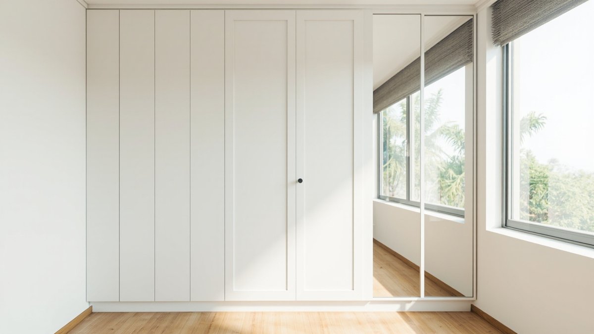 Illustrative concept design: white built-in wardrobe ending in two full-height frameless mirror doors reflecting a bright window