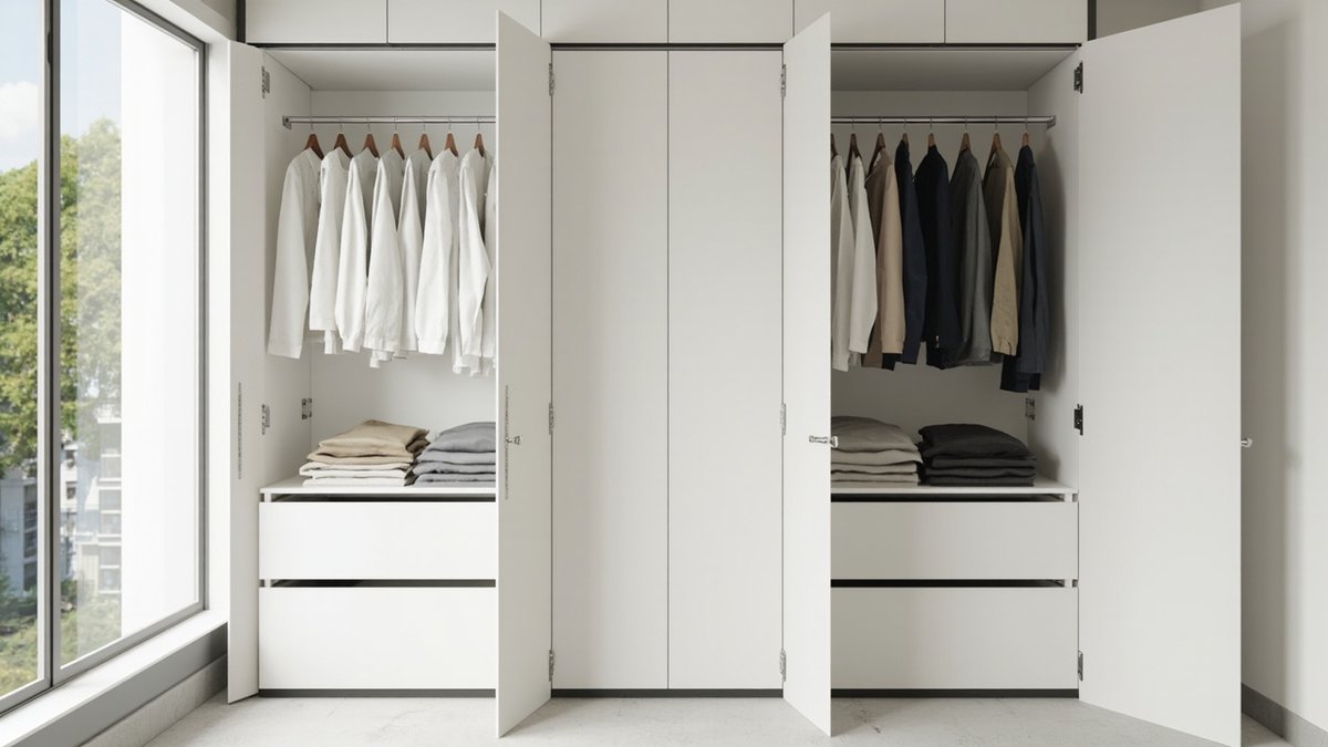 Illustrative concept design: white built-in wardrobe with doors open showing plain shirts on chrome rails, folded clothes and flat white drawers