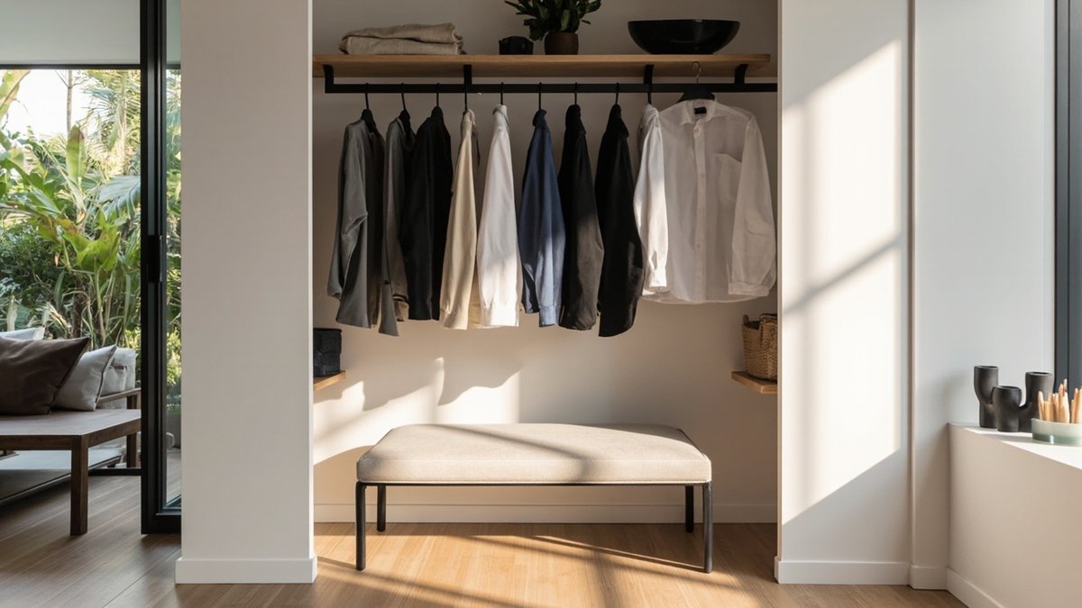 Illustrative concept design: open dressing alcove with plain clothes on a slim black rail, a light oak shelf above and a linen bench below