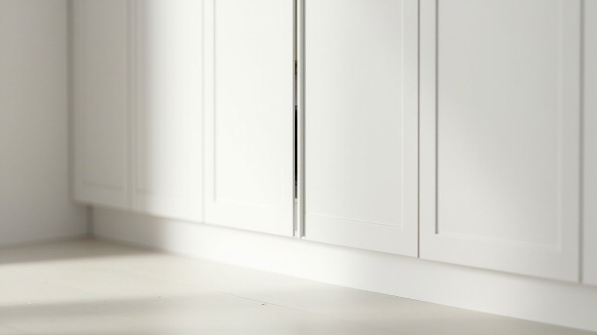 Illustrative concept design: white handleless shaker wardrobe doors with one door pushed slightly open showing a thin gap