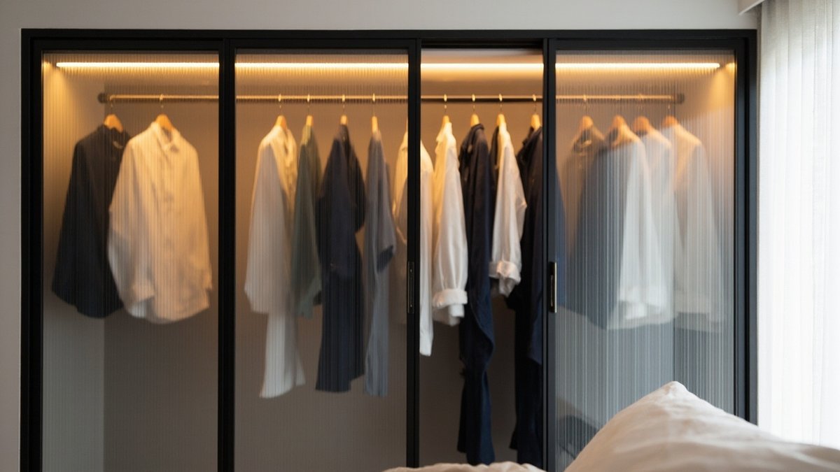 Illustrative concept design: wardrobe with slim black aluminium frames and reeded glass doors, plain shirts on a rail and a warm interior strip light