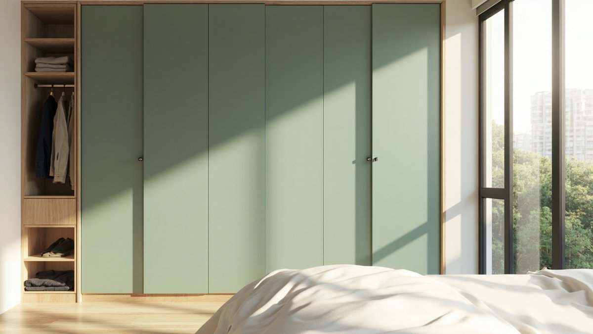 Illustrative concept design: sage green matte wardrobe doors in a light oak frame with an open oak shelf column and a white bed in front