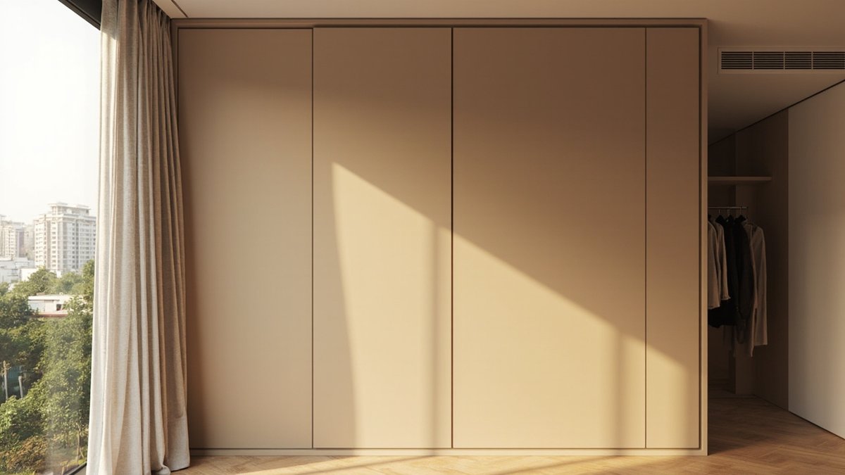 Illustrative concept design: warm beige matte wall panels with hidden handleless wardrobe doors, a linen curtain and herringbone oak floor