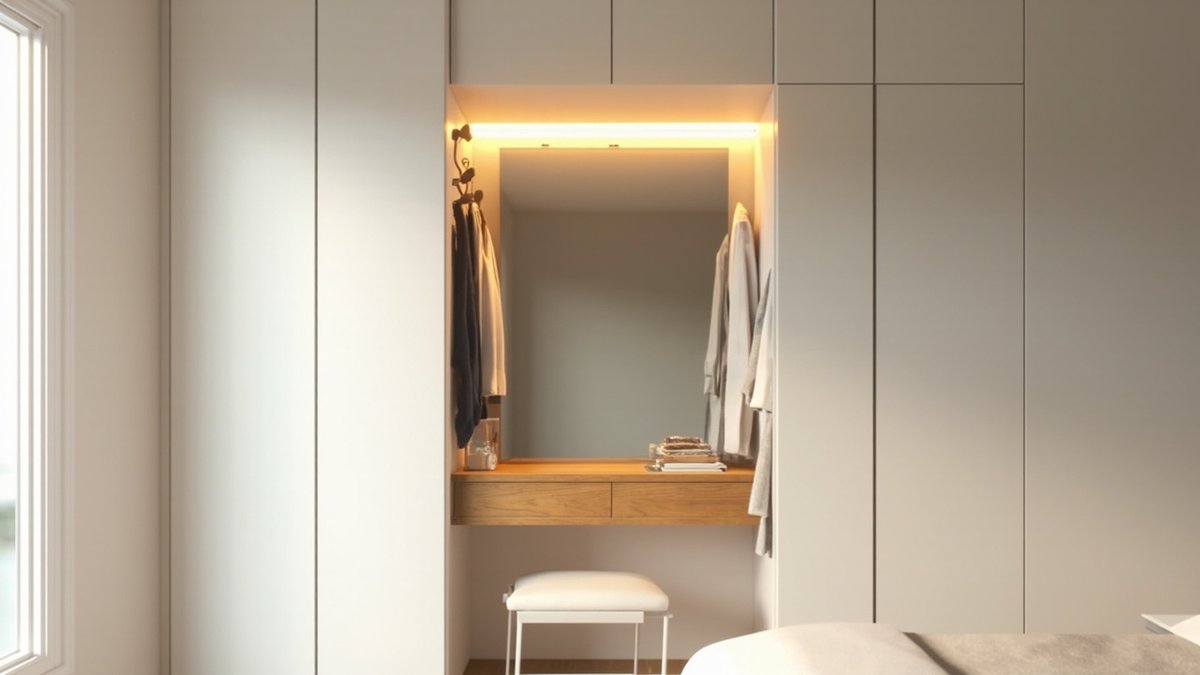 Illustrative concept design: white flat-door wardrobe with an open dressing niche, warm strip light above a frameless mirror, oak counter with drawers and a white stool