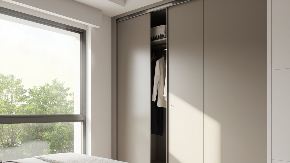Illustrative concept design: wide matte greige sliding wardrobe doors on a slim top track, one slid aside to show hanging clothes, in a bright condo bedroom