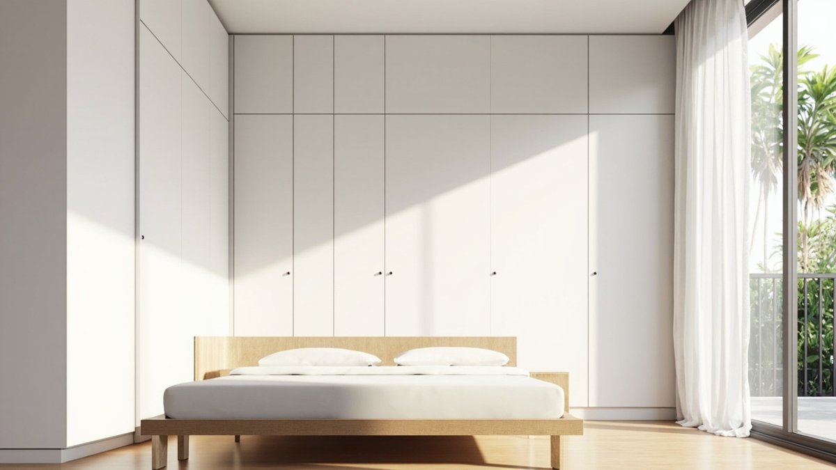 Illustrative concept design: white floor-to-ceiling built-in wardrobe with flat doors and small round knobs behind a low light oak bed with white bedding