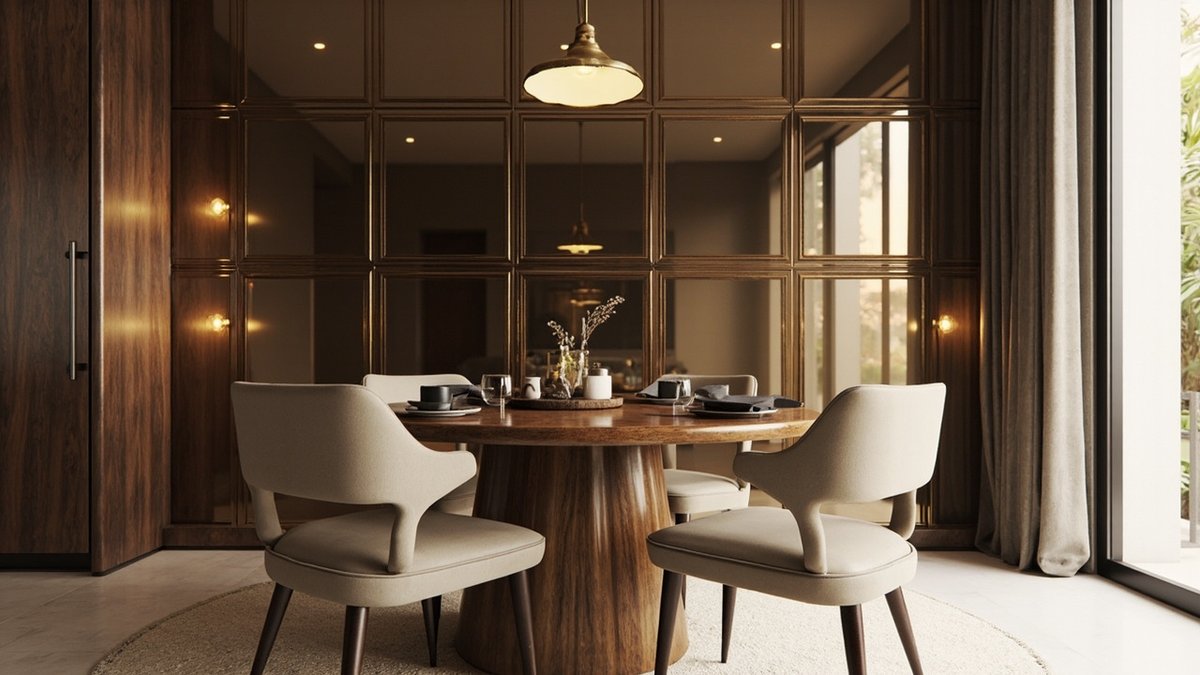 Illustrative concept design: smoky bronze mirror grid behind a round walnut dining table and brass pendant