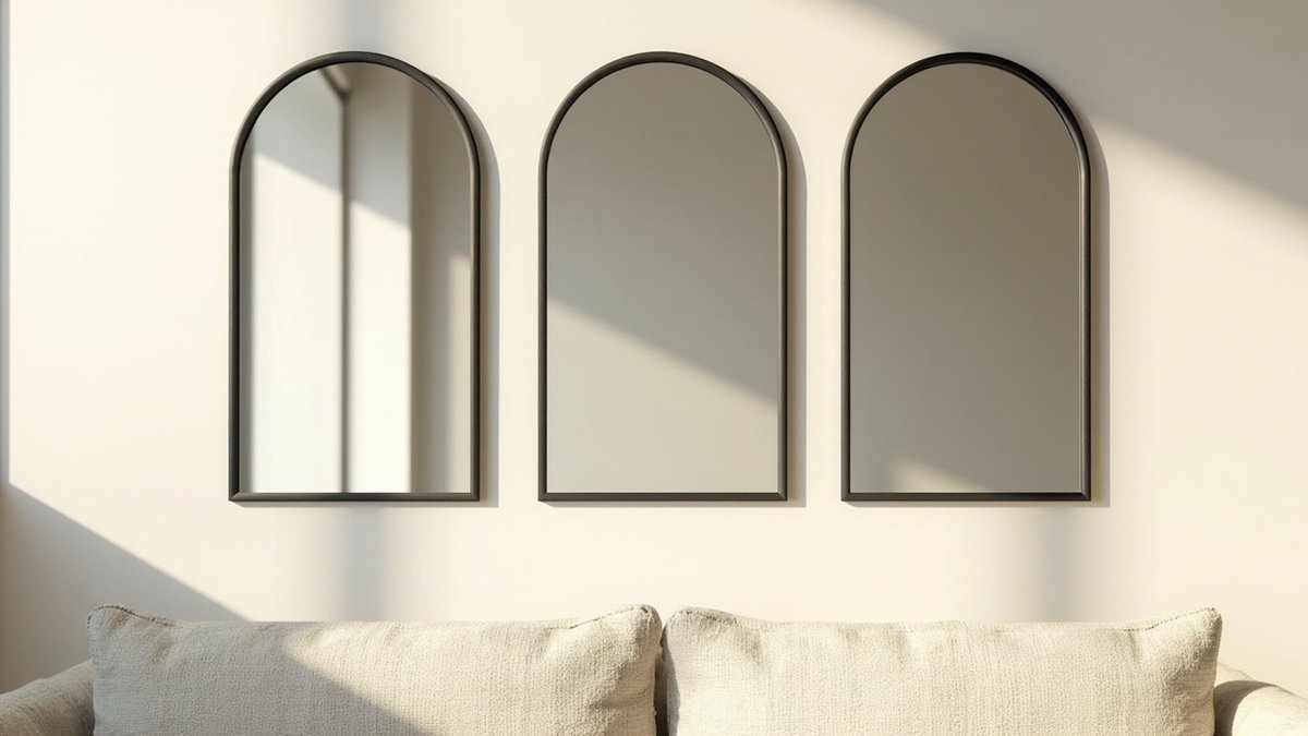Illustrative concept design: three slim black-framed arched mirrors above a cream sofa