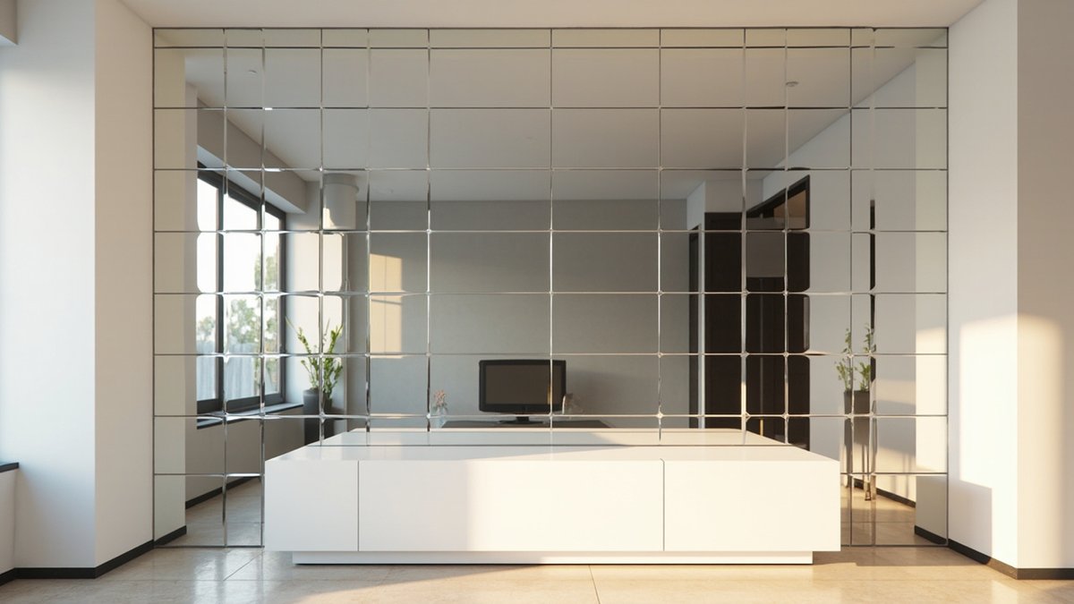 Illustrative concept design: wall of square mirror tiles in a grid behind a long white console
