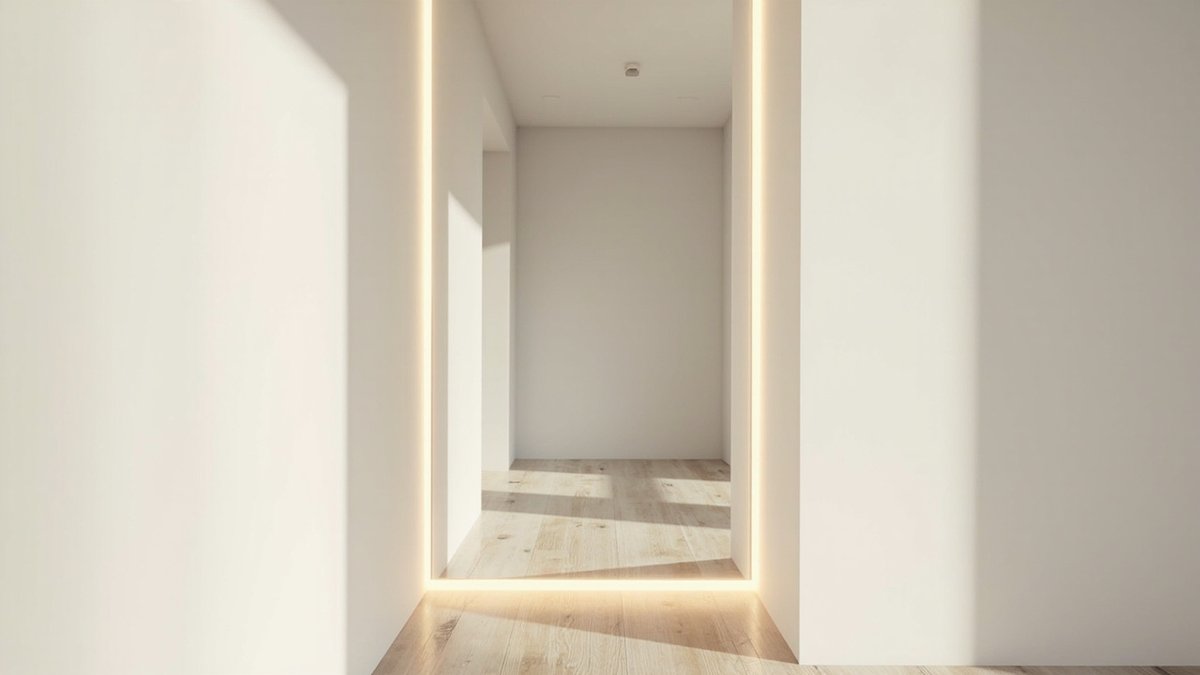 Illustrative concept design: tall LED-outlined mirror on the end wall of a short white passage