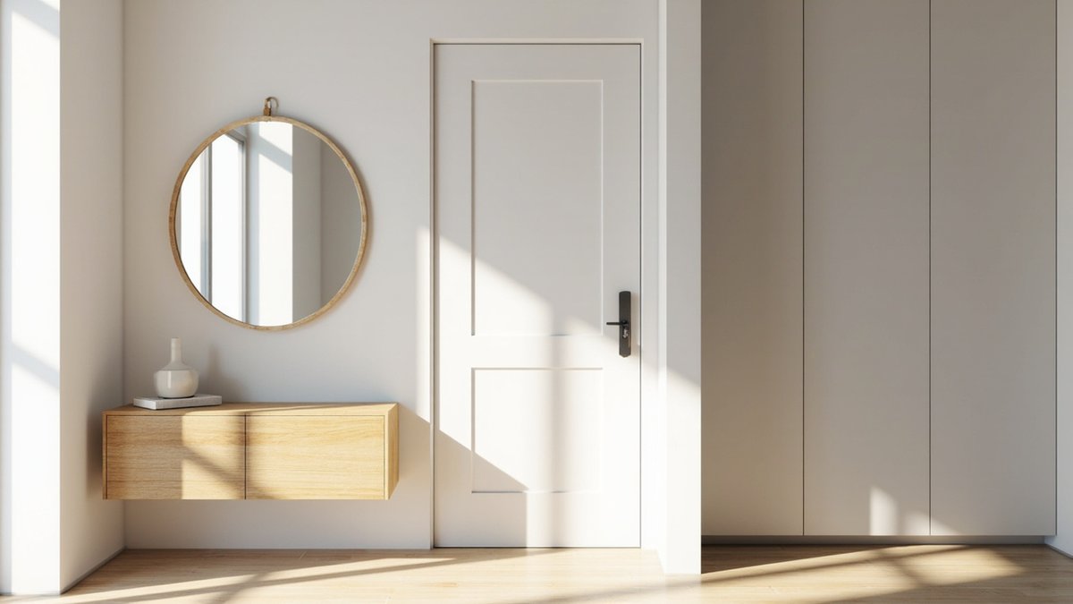 Illustrative concept design: round oak-framed mirror over a floating console beside the front door