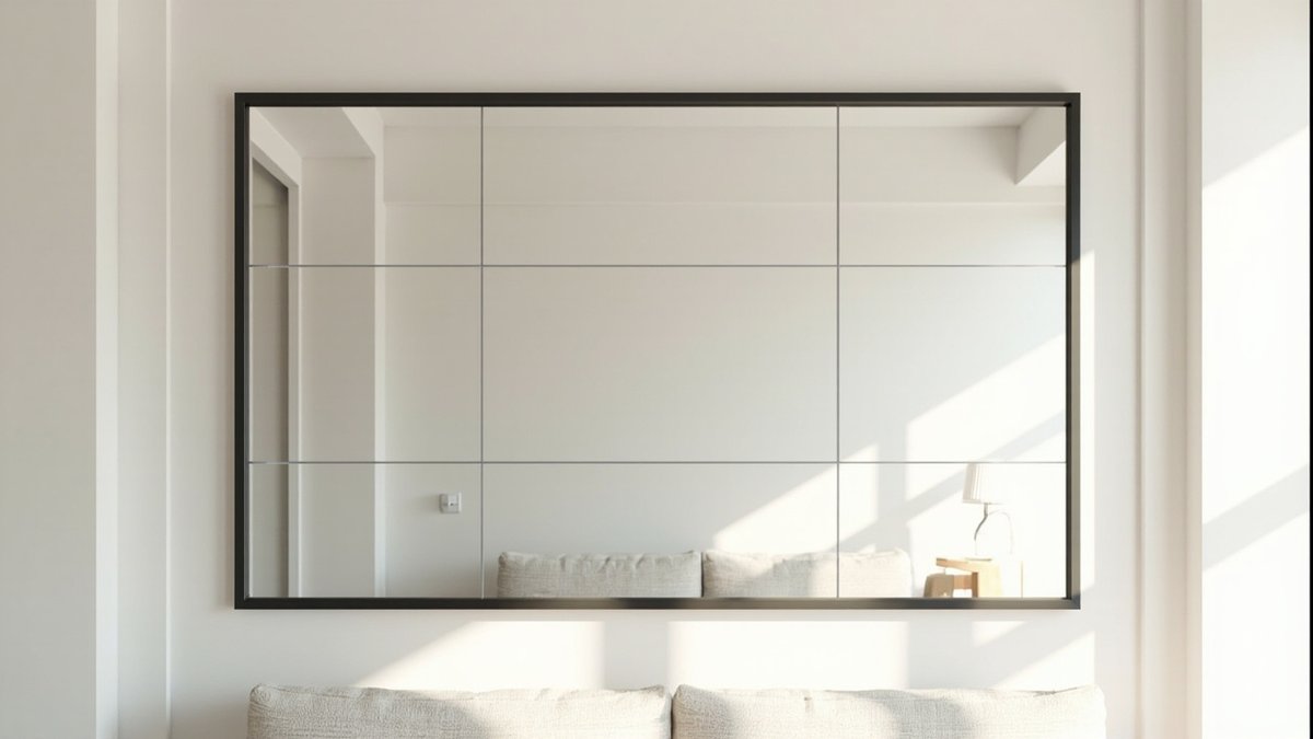 Illustrative concept design: large black-framed window-pane mirror above a sofa reflecting the bright room