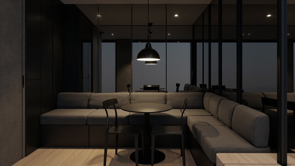 Illustrative concept design: dining nook with grey-tinted mirror panels behind a charcoal built-in bench