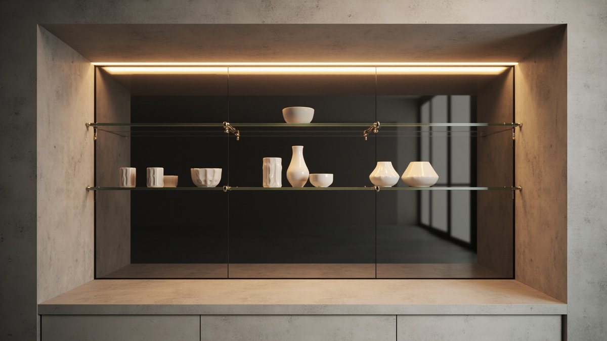 Illustrative concept design: grey mirror-lined niche with glass shelves of white ceramics and a warm LED strip