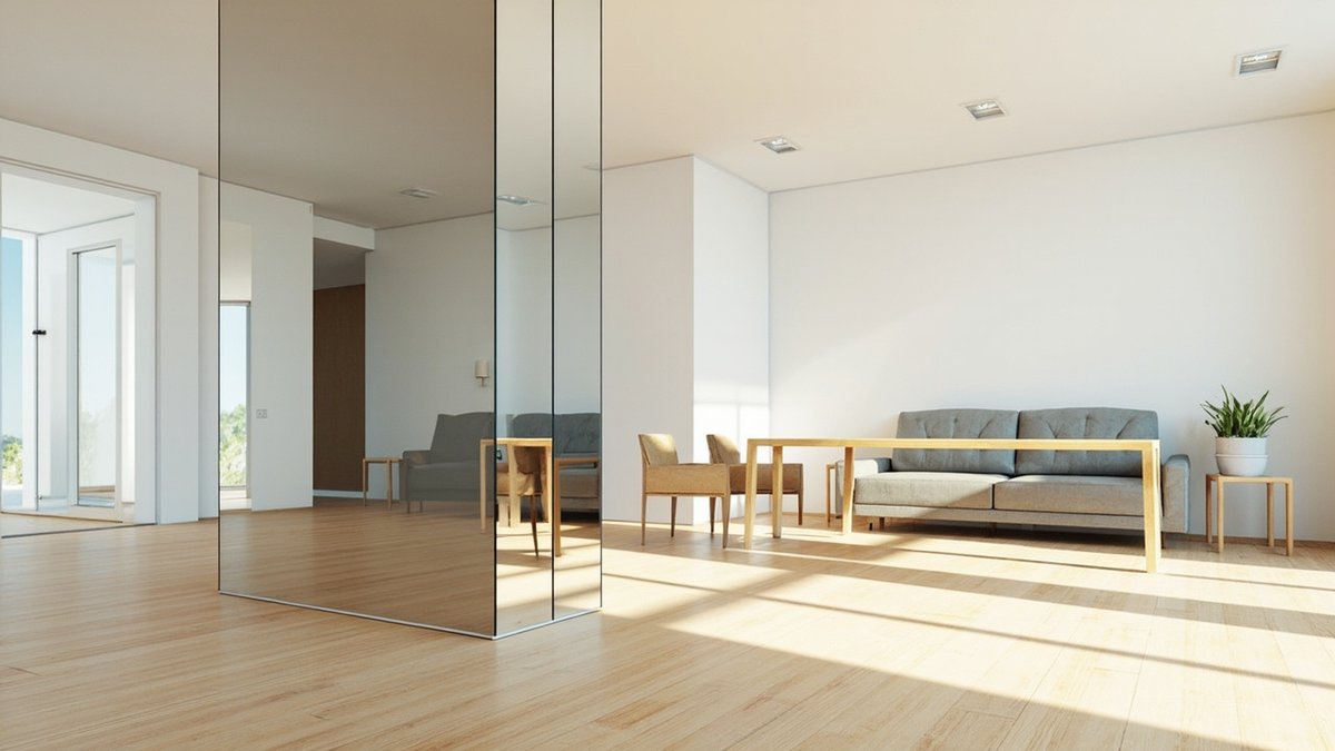 Illustrative concept design: square column clad on all sides in mirror panels in a living-dining room