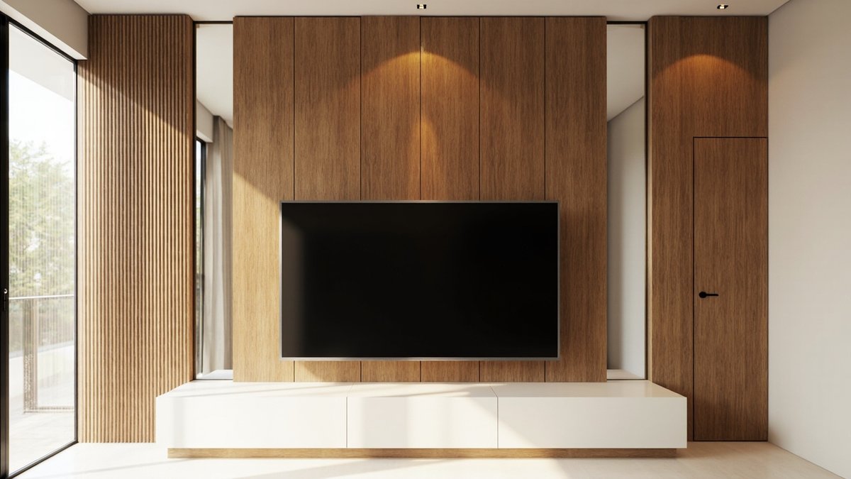 Illustrative concept design: oak panel TV wall with narrow full-height mirror strips on both sides