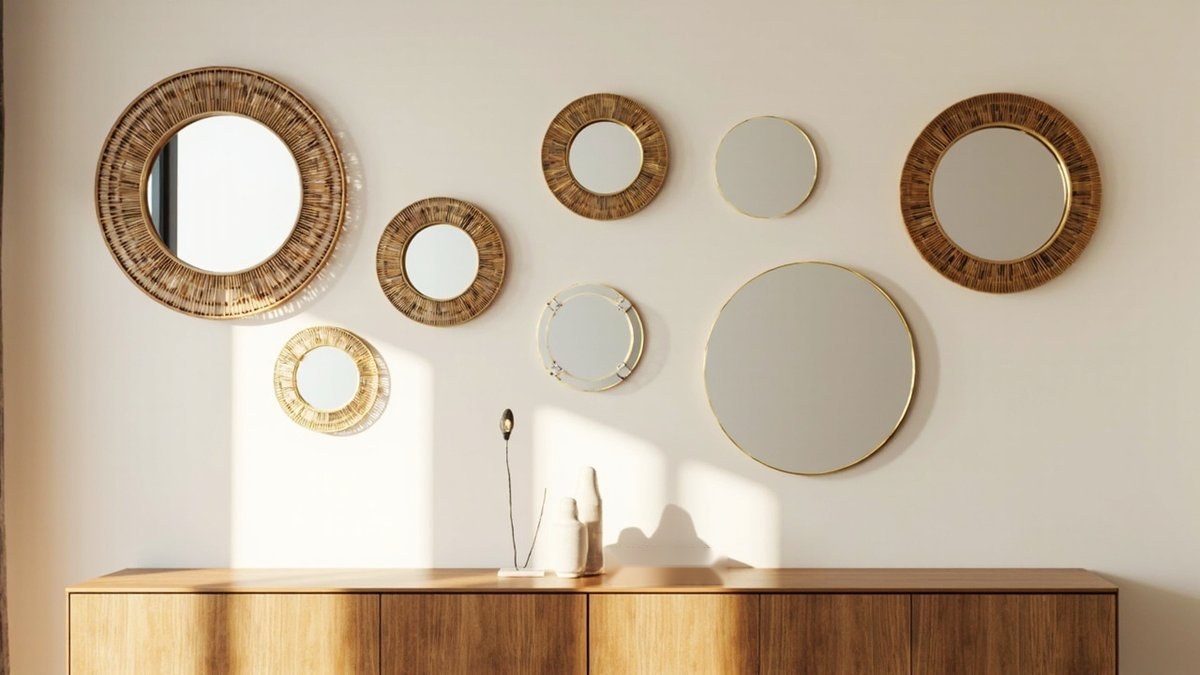 Illustrative concept design: cluster of round rattan and brass framed mirrors above an oak sideboard