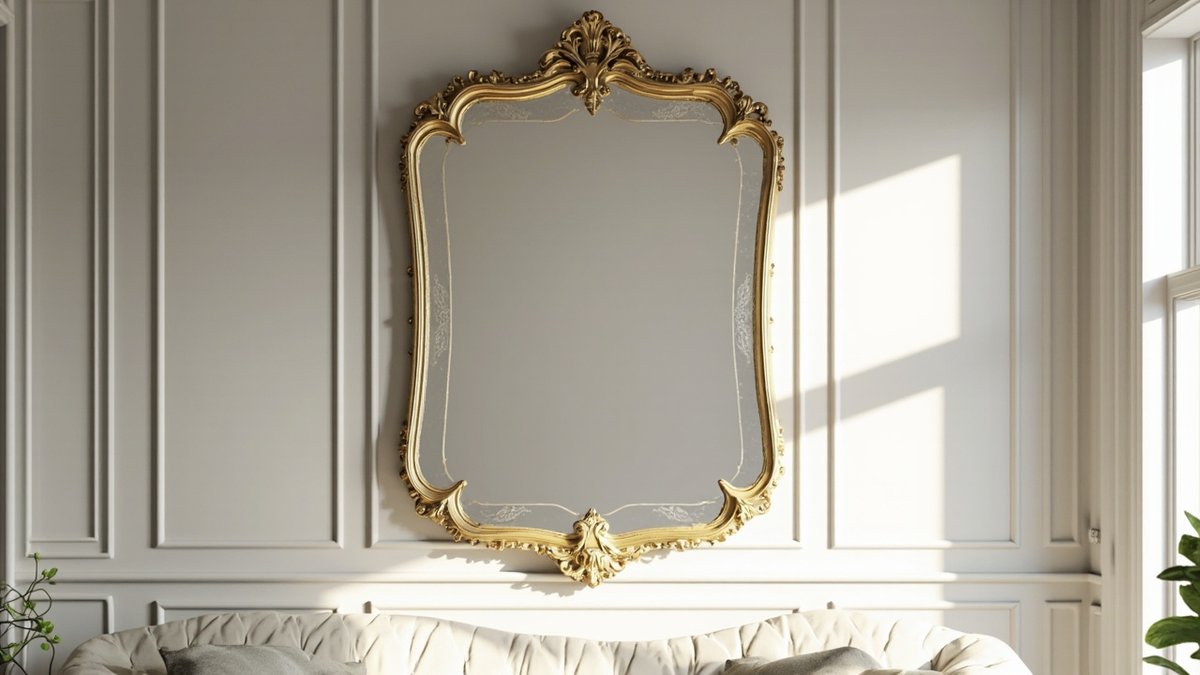 Illustrative concept design: ornate gold Venetian-style mirror on a panel-moulded wall above an ivory sofa